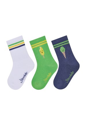 Drei Paar Socken mit farbigen Streifen: weiß mit blau/grünen Streifen, grün mit einer Zitronengrafik und marineblau mit einer Grafik eines Eistütchens.
