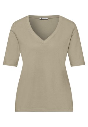 Beige dames T-shirt met korte mouwen, V-hals en getailleerde pasvorm, gemaakt van zachte, lichtgewicht stof.