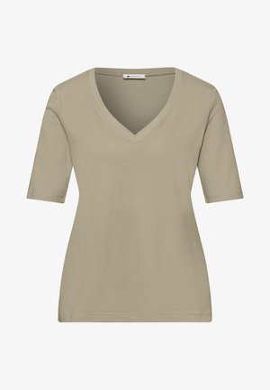 Beige dames T-shirt met korte mouwen, V-hals en getailleerde pasvorm, gemaakt van zachte, lichtgewicht stof.