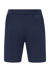 Shorts de sport bleu marine en tissu lisse avec une taille élastique, arborant un petit logo JAKO à l'arrière.