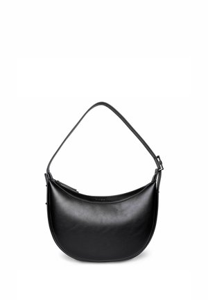Borsa a tracolla in pelle nera liscia con forma a mezzaluna e tracolla regolabile, dotata di chiusura superiore con cerniera.
