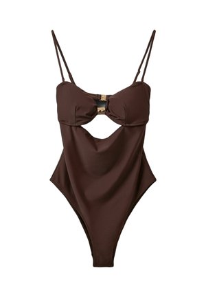 Costum de baie maro dintr-o singură piesă, cu bretele subțiri reglabile, cupe cu armătură, închidere frontală și un detaliu decupat în zona taliei.
