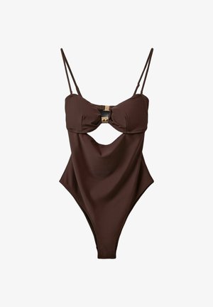 Hnedé jednodielne plavky s tenkými nastaviteľnými ramienkami, košíkmi s kosticou, predným zapínaním a výrezom v oblasti pásu.