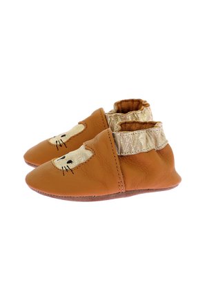 Chaussures pour bébé en cuir marron avec un design de visage d'animal doré, une bordure élastique dorée au niveau de la cheville et une semelle souple et flexible pour un confort optimal.