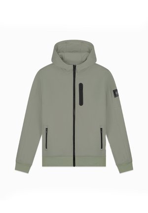 Hellgrüne Kapuzenjacke mit durchgehendem Frontreißverschluss, zwei seitlichen Reißverschlusstaschen, einer vertikalen Brusttasche mit Reißverschluss und einem Logopatch am linken Ärmel.