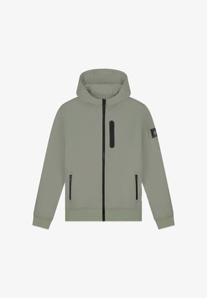 Hellgrüne Kapuzenjacke mit durchgehendem Frontreißverschluss, zwei seitlichen Reißverschlusstaschen, einer vertikalen Brusttasche mit Reißverschluss und einem Logopatch am linken Ärmel.