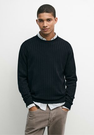 Giovane uomo con capelli corti che indossa un maglione nero a coste sopra una camicia bianca a quadri, in piedi con le mani nelle tasche dei pantaloni marrone chiaro.