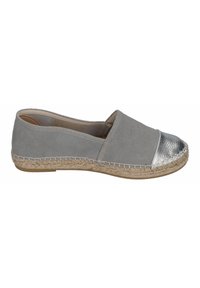 Gray fabric espadrille with a metallic silver toe cap, jute rope detailing around the sole, and a slip-on design. Smooth texture.