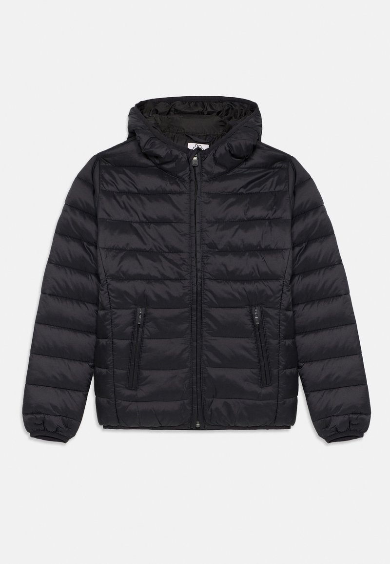 Black puffer jacket with a hood, featuring a zip front, two zippered pockets, and horizontal quilted stitching. Smooth, padded texture.