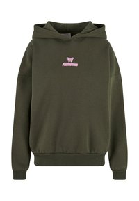 Oliivinvihreä huppari, pehmeä kangas, säädettävä nyöripäällinen, ribbireunat hihoissa ja helmassa, jossa on pinkki perhoslogo ja "fellious"-teksti.