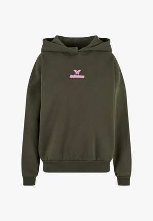 Olive roheline kapuutsiga dressipluus, pehme kangas, reguleeritav nööriga kapuuts, ribaga mansetid ja alläär, roosa liblikalogo koos "fellious" tekstiga.