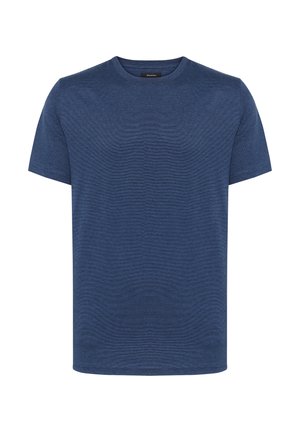 Námornícka modrá tričko s krátkym rukávom vyrobené z textúrovaného materiálu. Okrúhly výstrih s klasickým strihom. Bez vzorov alebo viditeľných akcentov. Jednoduchý dizajn.