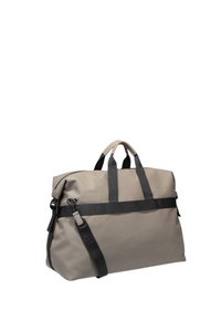 Sivka torba iz trpežnega materiala, s črnimi poudarki, dvema zgornjima ročajema in nastavljivim naramnim trakom. Zadrga za zapiranje.