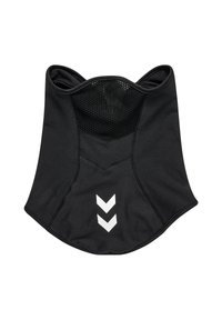 Zwarte nek gaiter van flexibel materiaal, met een ademende mesh-sectie aan de achterkant en drie witte chevronaccenten aan de voorkant.