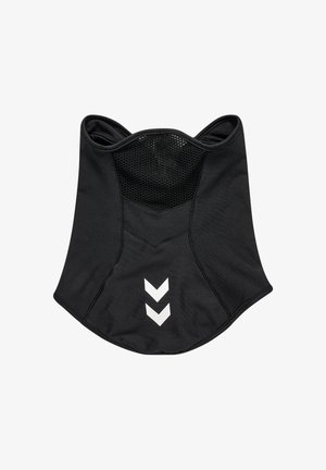 Czarny komin na szyję wykonany z elastycznej tkaniny, z oddychającą siateczką z tyłu i trzema białymi akcentami w kształcie chevronu z przodu.