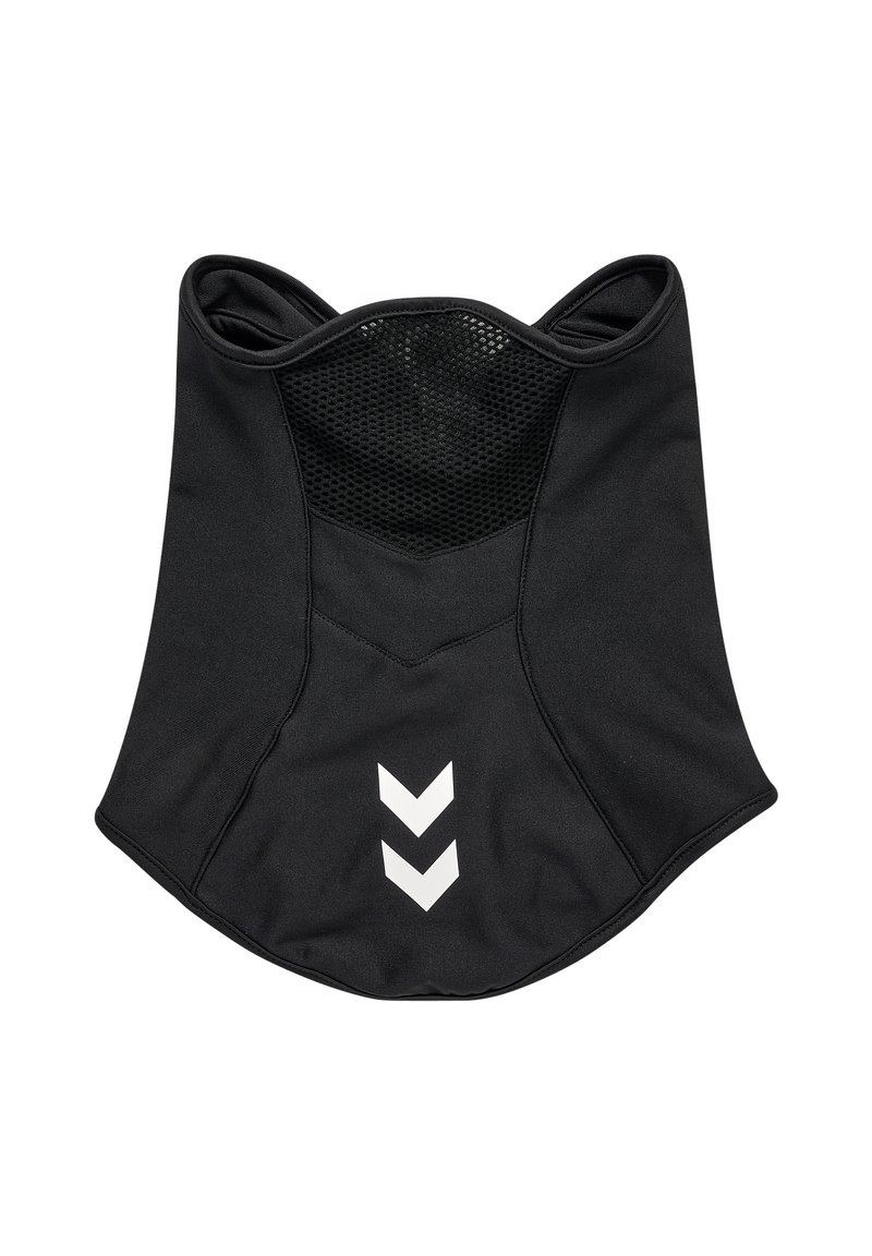 Zwarte nek gaiter van flexibel materiaal, met een ademende mesh-sectie aan de achterkant en drie witte chevronaccenten aan de voorkant.