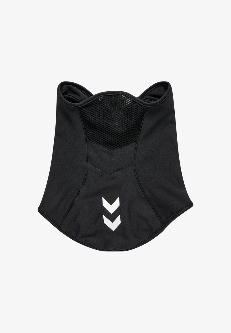 Zwarte nek gaiter van flexibel materiaal, met een ademende mesh-sectie aan de achterkant en drie witte chevronaccenten aan de voorkant.