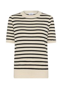 Gestreiftes T-Shirt mit Rundhalsausschnitt in Creme und Schwarz, mit kurzen Ärmeln und geradem Schnitt, aus einem weichen Strickmaterial gefertigt.