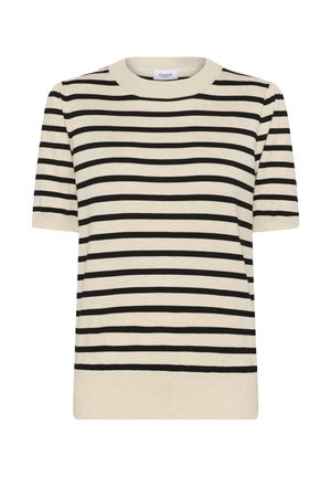 T-shirt à col rond rayé en crème et noir, avec des manches courtes et une coupe droite, fabriqué en un matériau tricoté doux.