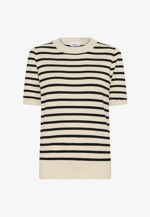 Dryžuota apvalia iškirpte marškinėliai kremine ir juoda spalva, su trumpomis rankovėmis ir tiesiu siluetu, pagaminti iš minkštos trikotažo medžiagos.