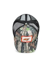 Camo baseball cap with a black mesh back, featuring a patch with a moose graphic and "BUCK WILD" text, in green and brown tones.
