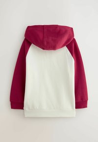 Raudonas ir baltas džemperis su gobtuvu, ilgomis rankovėmis ir vienspalviu dizainu. Minkšta tekstūra, ribinėje dalyje rankogaliai ir apačia.