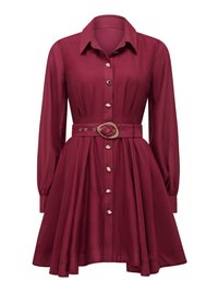 Bordové košeľové šaty s dlhými rukávmi, priliehavým pásom a rozšírenou sukňou. Majú golierový výstrih a zlaté gombíkové detaily.
