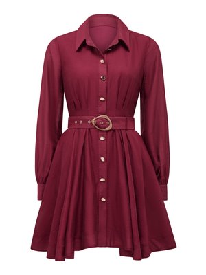 Bordeauxrood overhemdjurk met lange mouwen, een getailleerde taille en een uitlopende rok. Voorzien van een kraag en gouden knoopdetails.