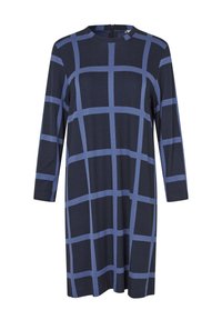 Granatowa sukienka z długimi rękawami i zaokrąglonym dekoltem. Materiał ma wzór w kratkę w jasnoniebieskim kolorze, z zamkiem błyskawicznym z tyłu.
