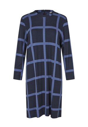 Marineblauwe jurk met lange mouwen en een ronde halslijn. De stof heeft een rasterpatroon in lichtblauw, met een rits aan de achterkant.