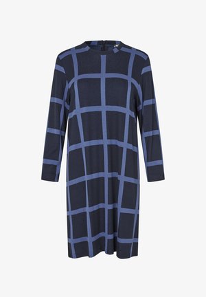 Marineblauwe jurk met lange mouwen en een ronde halslijn. De stof heeft een rasterpatroon in lichtblauw, met een rits aan de achterkant.