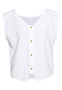 Hvid kortærmet bluse med dyb V-udskæring, der har en knaplukning foran med guldknapper og en afslappet pasform. Tekstureret stof.