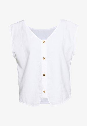 Bílá krátká halenka s krátkým rukávem a hlubokým výstřihem do V, s předním zapínáním na zlaté knoflíky a volným střihem. Strukturální látka.