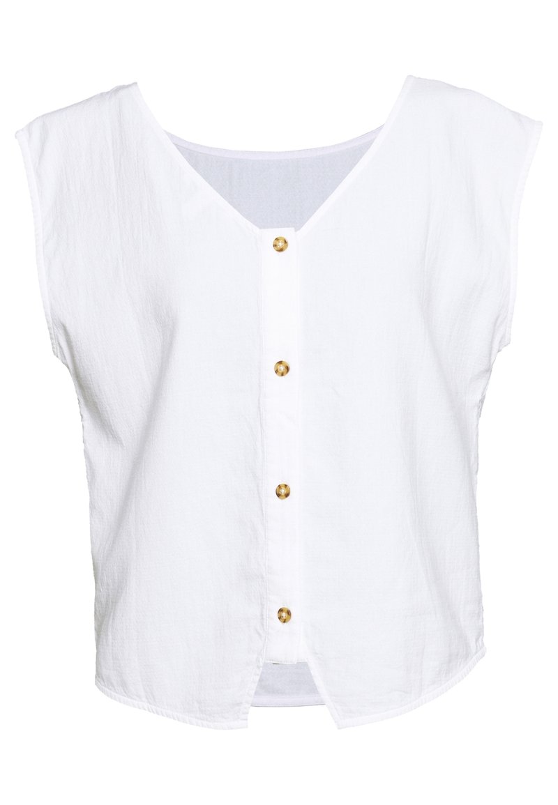 Hvid kortærmet bluse med dyb V-udskæring, der har en knaplukning foran med guldknapper og en afslappet pasform. Tekstureret stof.