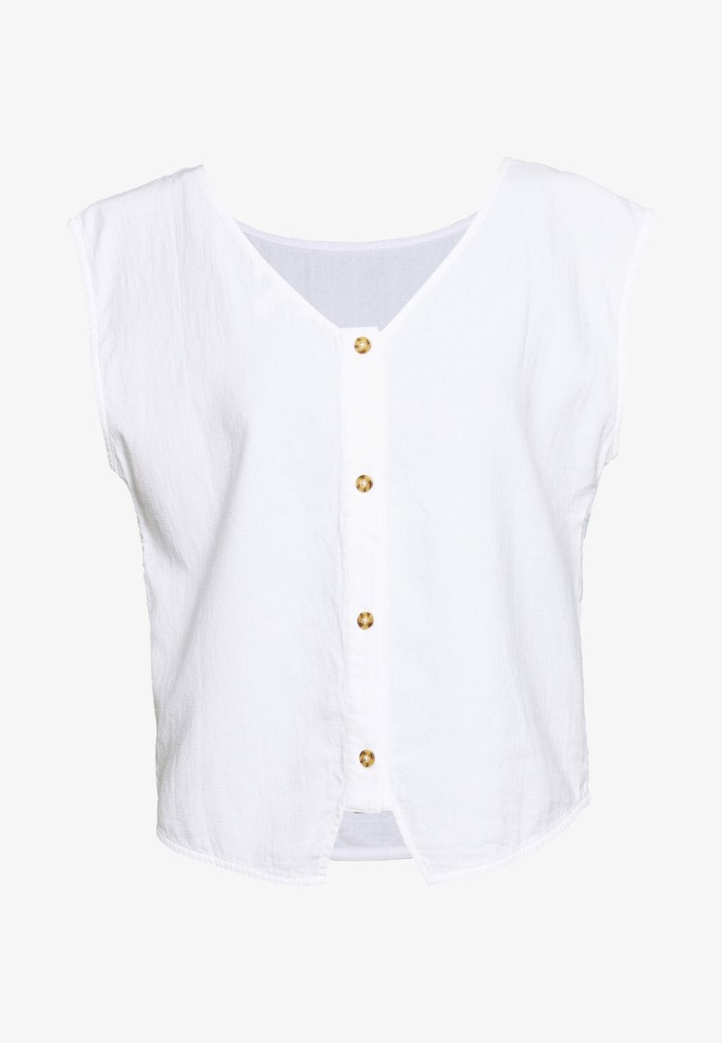 Blusa blanca de manga corta con escote en V profundo, con cierre frontal de botones dorados y un ajuste relajado. Tela texturizada.