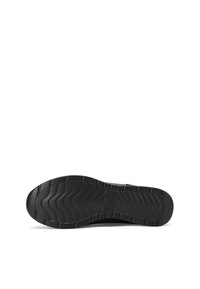 Suola di scarpa in gomma nera con un motivo a ondulazione; forma arrotondata e design piatto. Minimalista con un leggero tacco per stabilità.