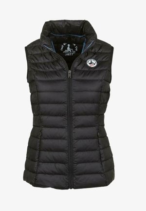 Gilet imbottito nero con collo alto, chiusura frontale con zip e trapuntatura orizzontale. Presenta una patch con logo sul petto sinistro. Materiale liscio e leggero.