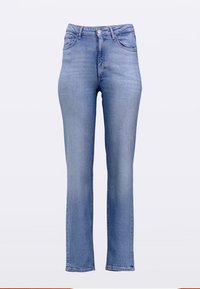 Svetlo modre kavbojke iz jeansa z ravnimi hlačnicami, visokim pasom, slogom s petimi žepi in zapiranjem na gumbe spredaj. Izpran videz z vidnimi šivi.