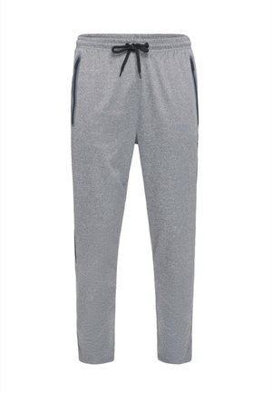 Pantalon de survêtement athlétique gris avec cordon de serrage noir et poches latérales zippées, coupe droite, et taille élastique.