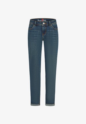 Blå jeans med lige ben og opbukket kant, forlommer, bæltestropper og knaplukning, med "Buena Vista" mærke indvendigt i linningen.