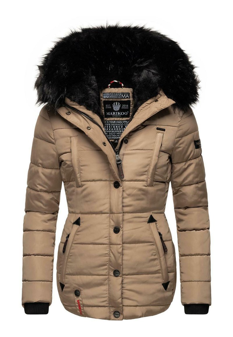 Beige puffer jacket with black faux fur hood, zip and button closure, four pockets, and quilted design. Features brand logo patch.