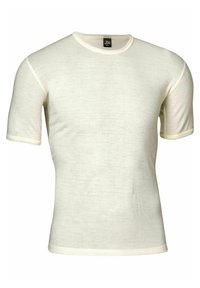 Kortærmet, lysecrème farvet t-shirt lavet af blødt stof, med rund halsudskæring og kontrasterende lys afslutning langs ærmerne.