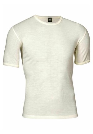 Kortærmet, lysecrème farvet t-shirt lavet af blødt stof, med rund halsudskæring og kontrasterende lys afslutning langs ærmerne.