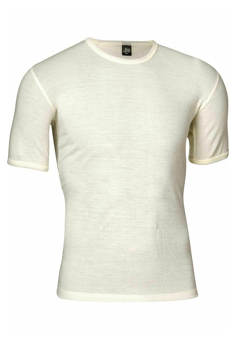 Kortærmet, lysecrème farvet t-shirt lavet af blødt stof, med rund halsudskæring og kontrasterende lys afslutning langs ærmerne.