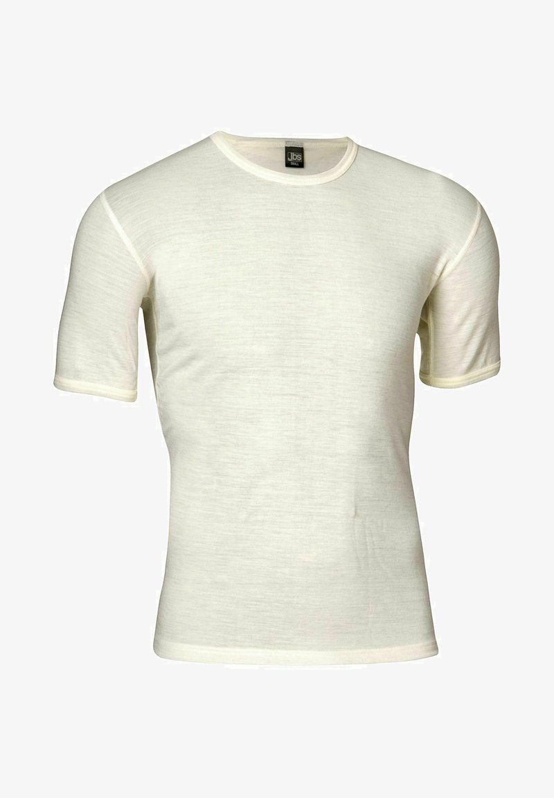 Short-sleeved, light cream-colored t-shirt made of soft fabric, featuring a round neckline and contrasting light trim along the sleeves.