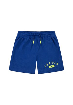 Pantaloncini sportivi in mesh blu con vita elastica e coulisse, con scritta gialla "JORDAN 23" e logo sulla gamba anteriore sinistra.