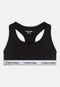 Juodas sportinis liemenukas, pagamintas iš minkštos medžiagos, su raso tipo nugaros dizainu. Pasižymi kontrastuojančia balta juosta su "Calvin Klein" logotipu. Dydis 8/10 metų.