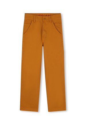 Oranje-bruin recht model broek met steekzakken, riemlussen en een knoopsluiting, afgebeeld op een witte achtergrond.