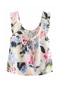 Bloemen-tanktop van licht materiaal, met gerimpelde bandjes, een trekkoord bij de hals en een kleurrijk patroon van roze, blauwe en zwarte bloemen.