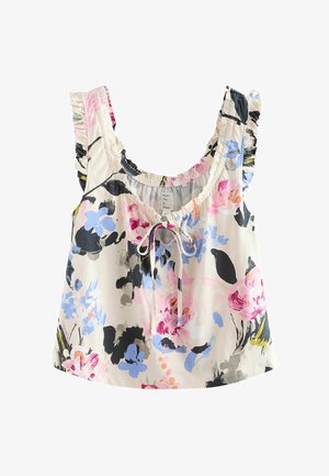 Bloemen-tanktop van licht materiaal, met gerimpelde bandjes, een trekkoord bij de hals en een kleurrijk patroon van roze, blauwe en zwarte bloemen.